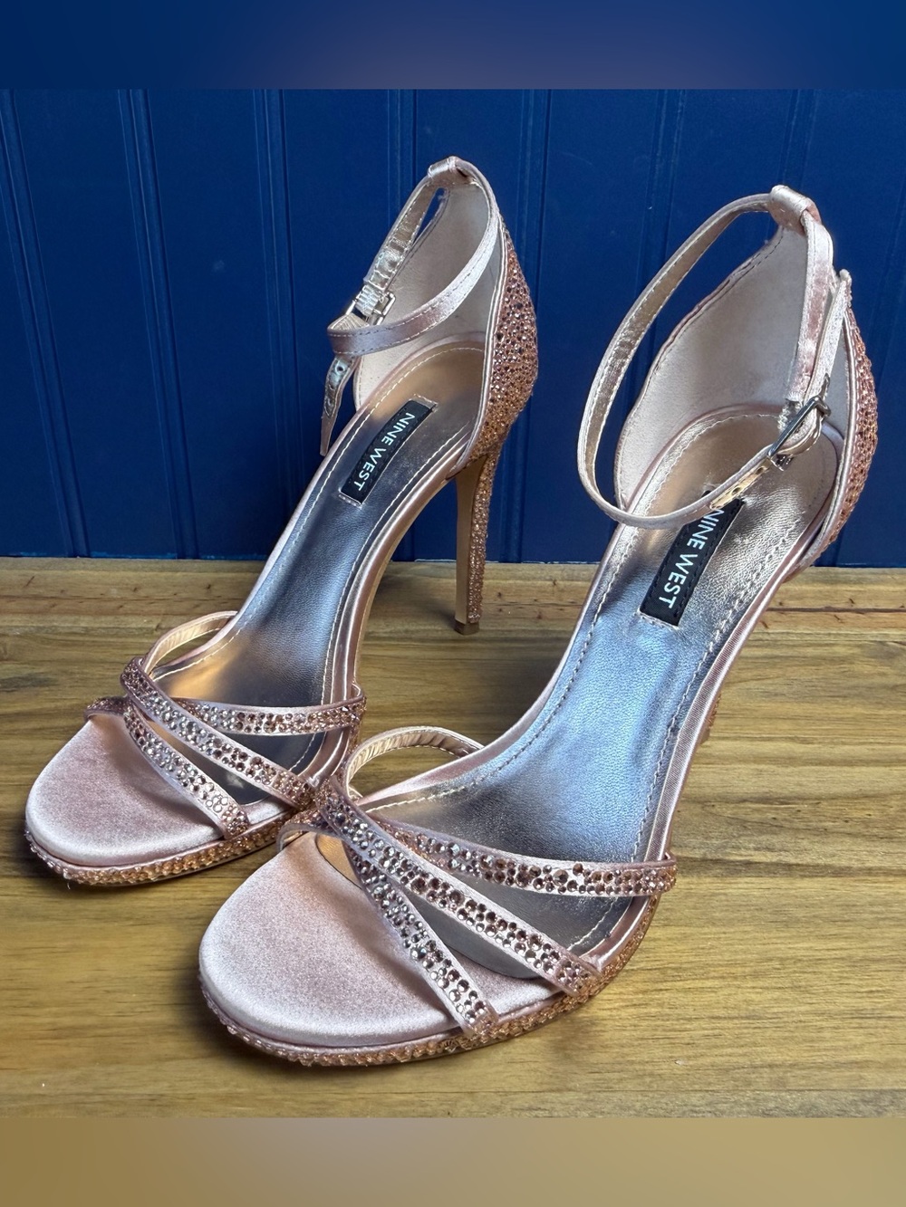 Nine West Lartay Rhinestone Strappy Stiletto Heels Rose Gold Pink Size 7